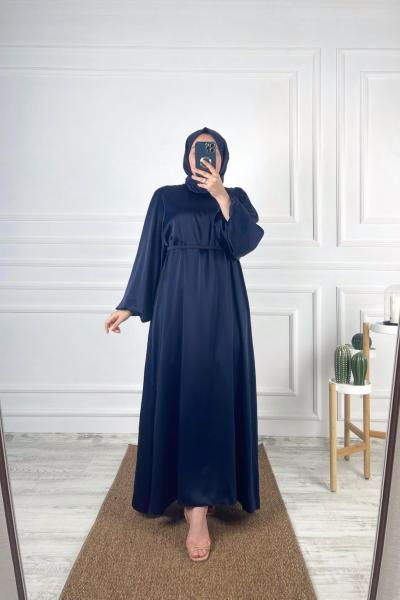 Balon Kol Saten Tesettür Elbise Lacivert
