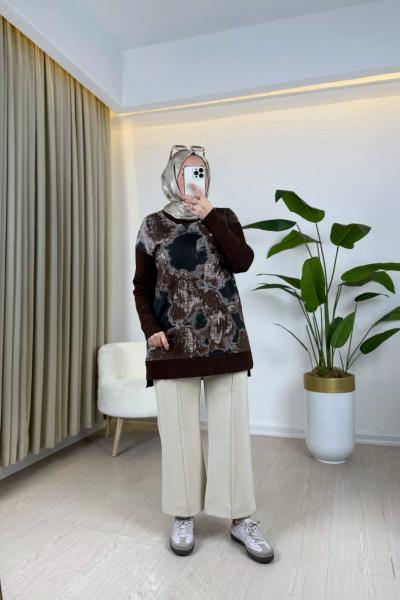 Batik Desen Bluz Acı Kahve
