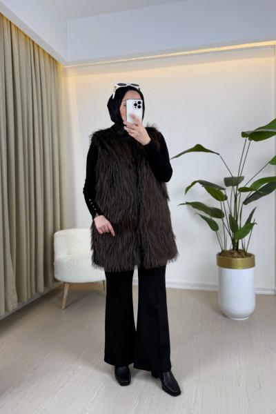 Beyz Kürk Yelek Kahverengi