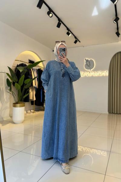 Biye Kemerli Denim Elbise Mavi