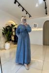 Biye Kemerli Denim Elbise Mavi