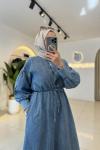 Biye Kemerli Denim Elbise Mavi