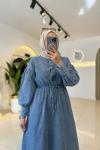 Biye Kemerli Denim Elbise Mavi