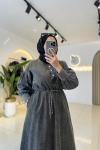 Biye Kemerli Denim Elbise Siyah