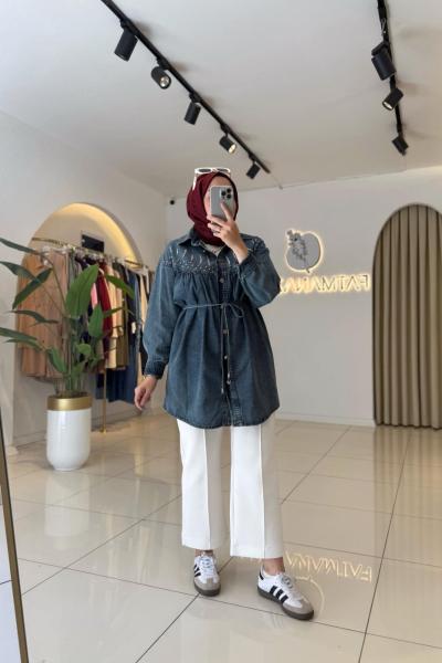 Biye Kuşaklı Kot Ceket Mavi