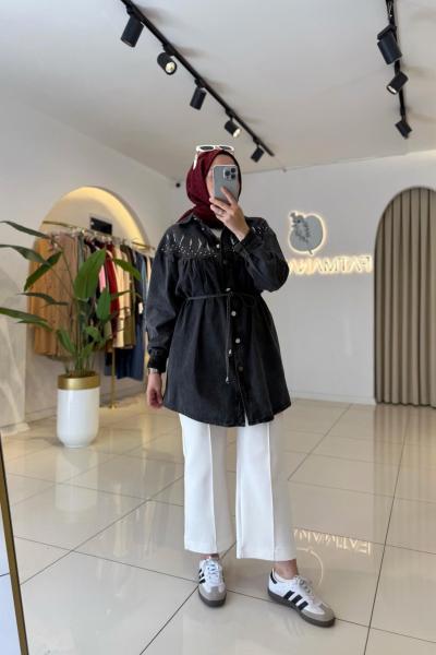 Biye Kuşaklı Kot Ceket Siyah