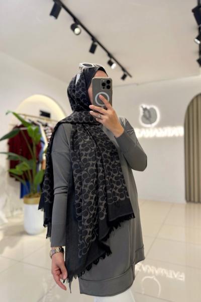 C Desen Yün İpek Şal Siyah Gri