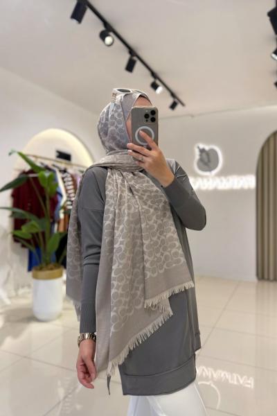 C Desen Yün İpek Şal Açık Gri Beyaz