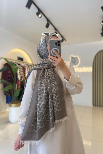 C Desen Yün İpek Şal Kahve Beyaz