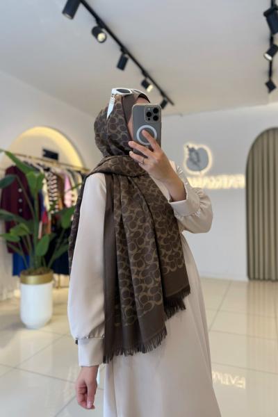 C Desen Yün İpek Şal Acı Kahve Bakır