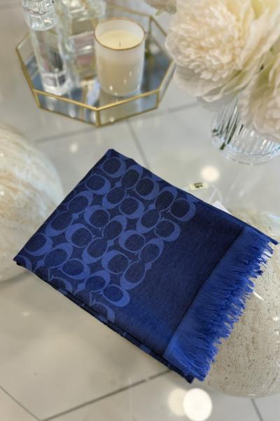 C Desen Yün İpek Şal Mavi