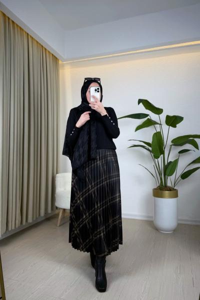 Ekose Desen Piliseli Etek Siyah