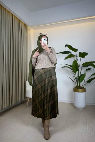 Ekose Desen Piliseli Etek Yeşil