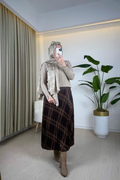 Ekose Desen Piliseli Etek Kahverengi