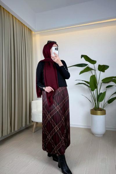 Ekose Desen Piliseli Etek Bordo