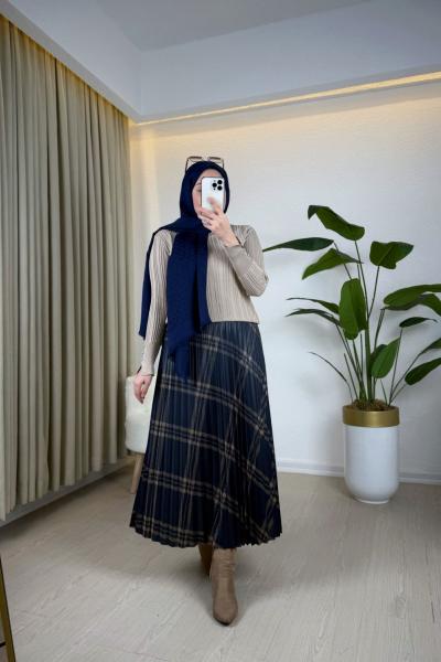 Ekose Desen Piliseli Etek Lacivert