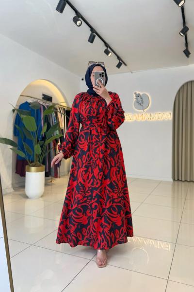 Ela Tesettür Elbise Kırmızı