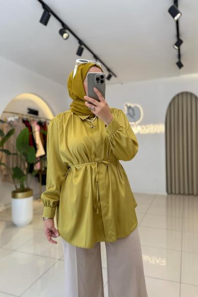 Eliz Saten Gömlek Yağ Yeşili