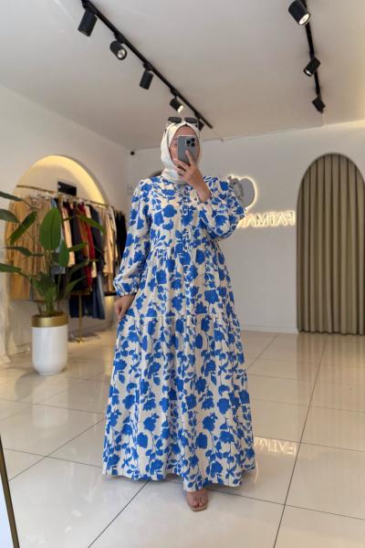 Flora Tesettür Elbise Mavi