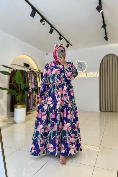 Flowers Tesettür Elbise Mor