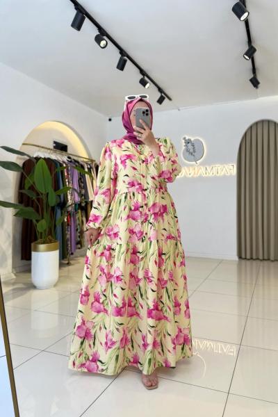 Flowers Tesettür Elbise Sarı