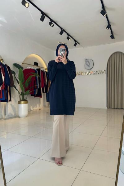 Kaz Ayağı Desenli Merserize Kazak Lacivert