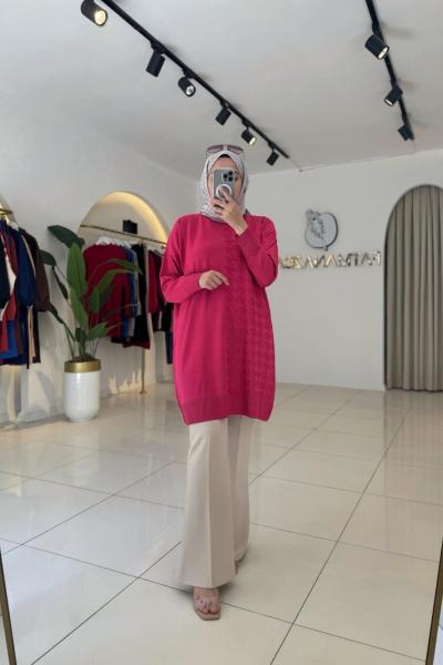 Kaz Ayağı Desenli Merserize Kazak Fuşya