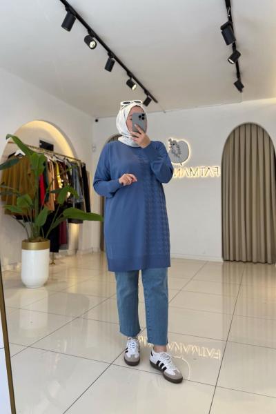 Kaz Ayağı Desenli Merserize Kazak Mavi