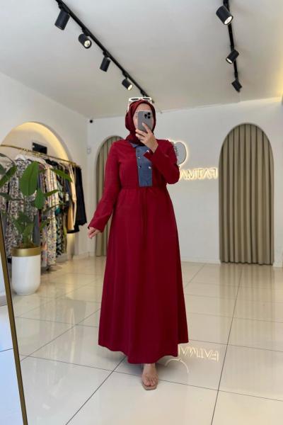 Kot Yaka Tesettür Elbise Bordo