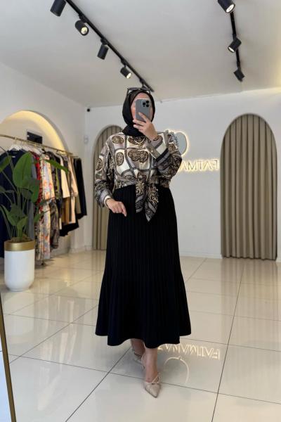 Line Piliseli Etek Siyah