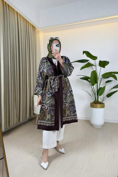 Mine Desenli Kimono Kahverengi