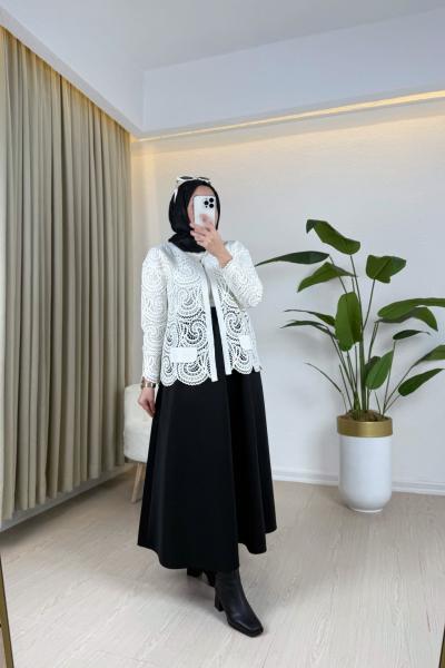 Nakışlı Örme Hırka Beyaz