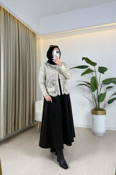 Nakışlı Örme Hırka Ekru