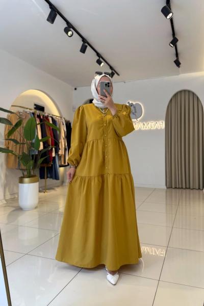 Nazen Tesettür Elbise Hardal Sarısı