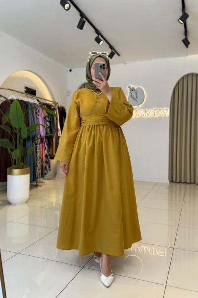 Parla Tesettür Elbise Hardal Sarısı