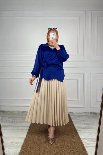 Saten Yandan Bağlamalı Ceket Saks Mavisi