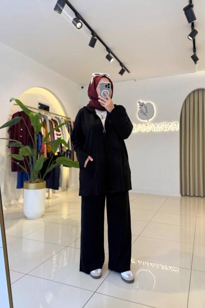 Simli Kapşonlu Takım SİYAH