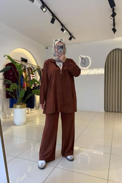 Simli Kapşonlu Takım KAHVERENGİ