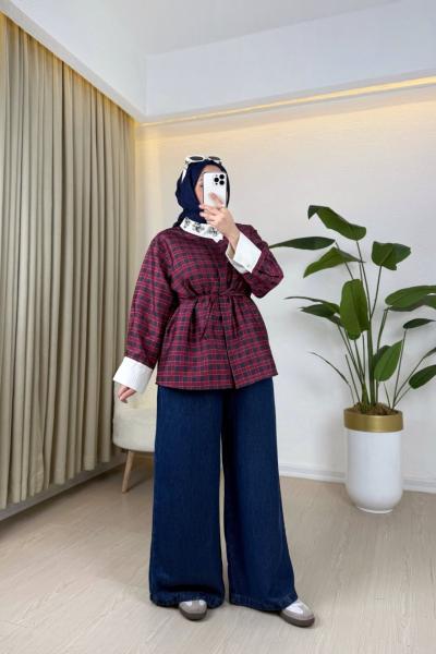 Yakası Taşlı Ekose Gömlek Bordo