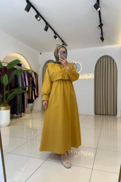 Yelekli Tesettür Elbise Hardal Sarısı