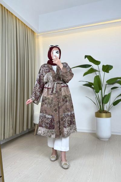 Lara Desenli Kimono Bordo Bordo