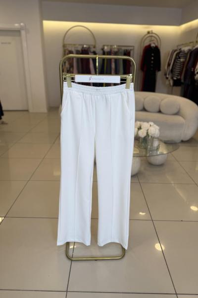Double Krep Çımalı Pantolon Beyaz