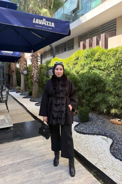 Kürk Detaylı Kaşe Kap Siyah