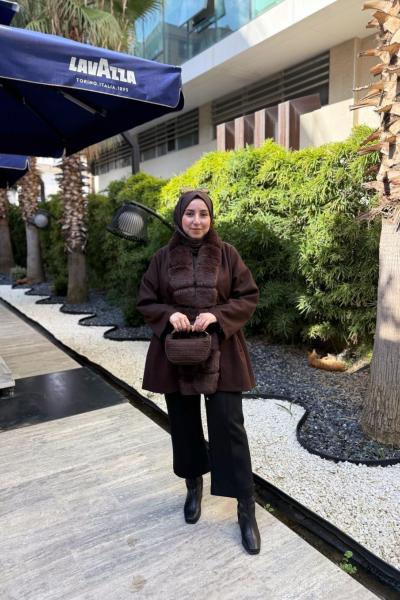 Kürk Detaylı Kaşe Kap Kahverengi