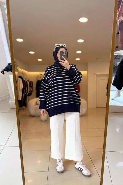  Oversize Çizgili  Kazak Lacivert