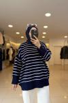  Oversize Çizgili  Kazak Lacivert