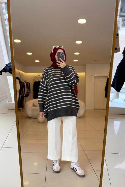  Oversize Çizgili  Kazak Gri