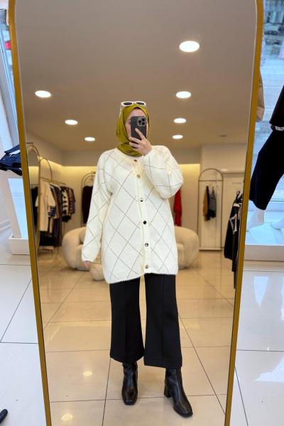 Baklava Desen Angora Hırka Beyaz